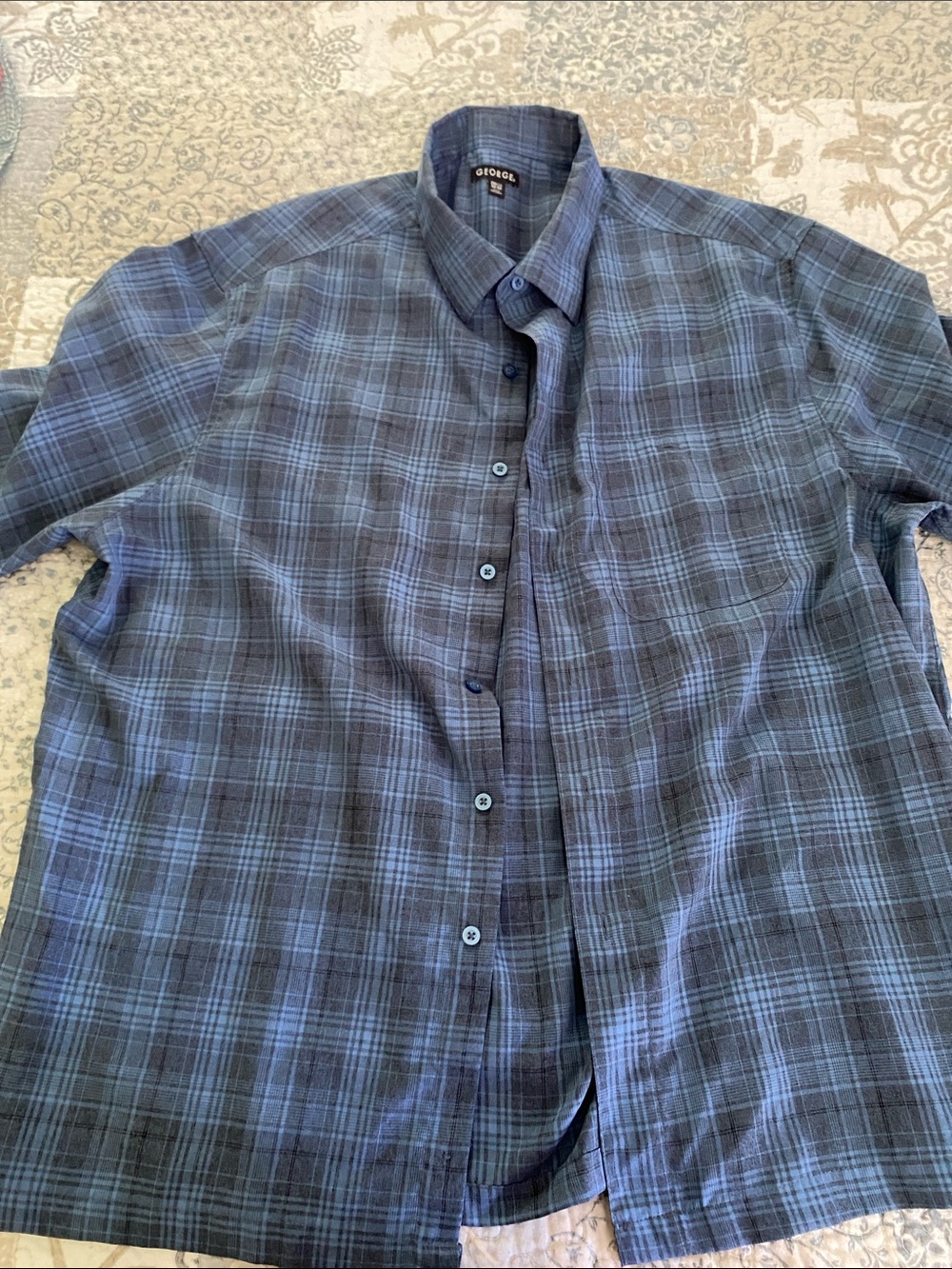 George Men's Navy and Blue Plaid Button-Down Shirt